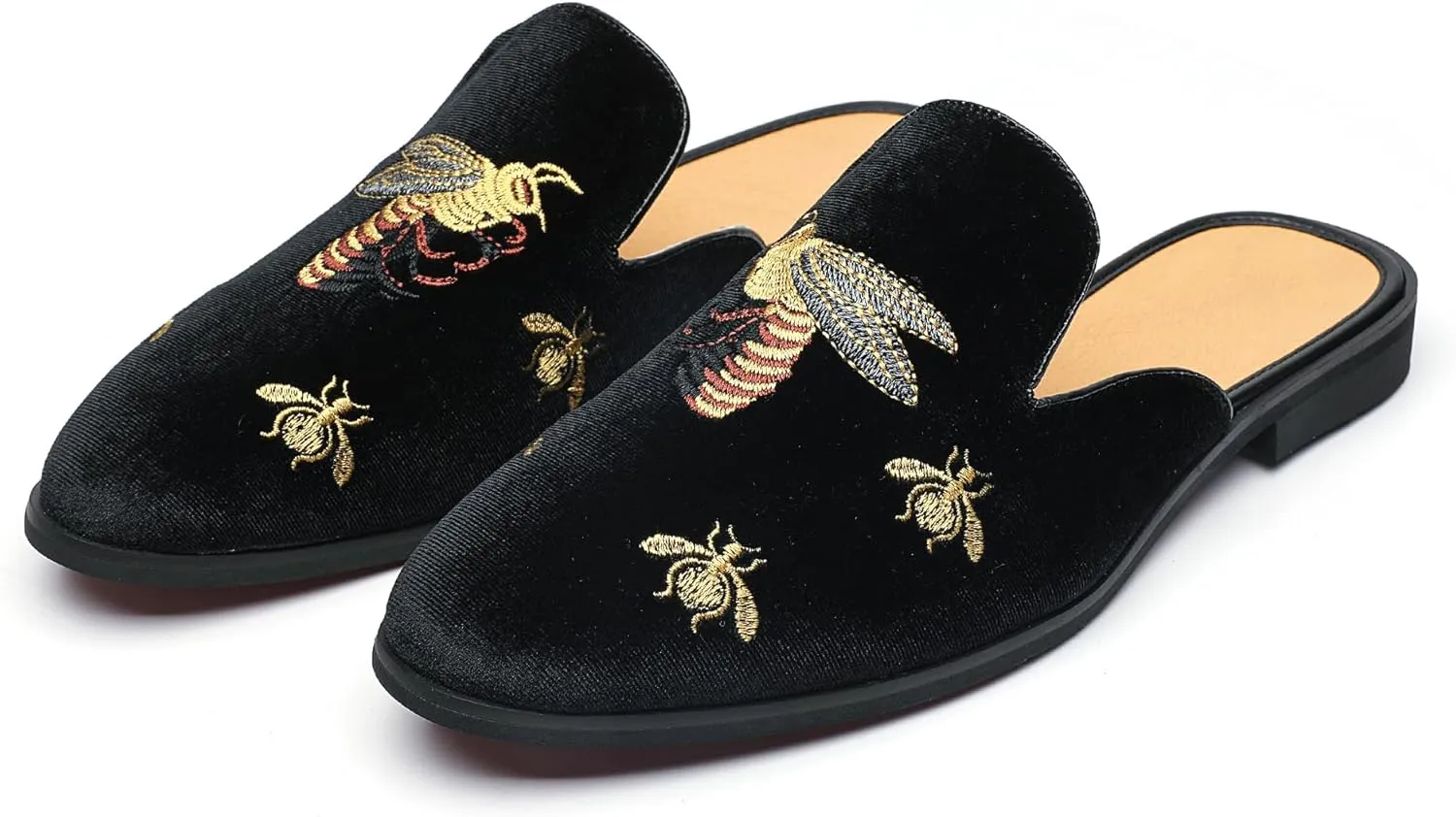 YYQL Mens Slippers with Arch Support Embroidered Leather Sandals for Men Slip On House Shoes with Indoor Outdoor Anti-Skid Rubber Sole Size 7-13