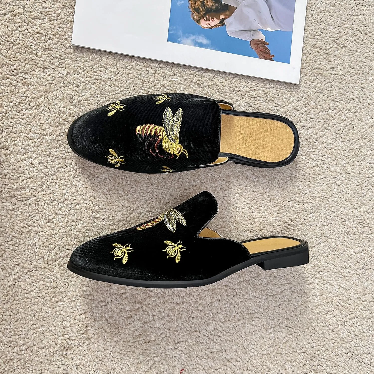 YYQL Mens Slippers with Arch Support Embroidered Leather Sandals for Men Slip On House Shoes with Indoor Outdoor Anti-Skid Rubber Sole Size 7-13