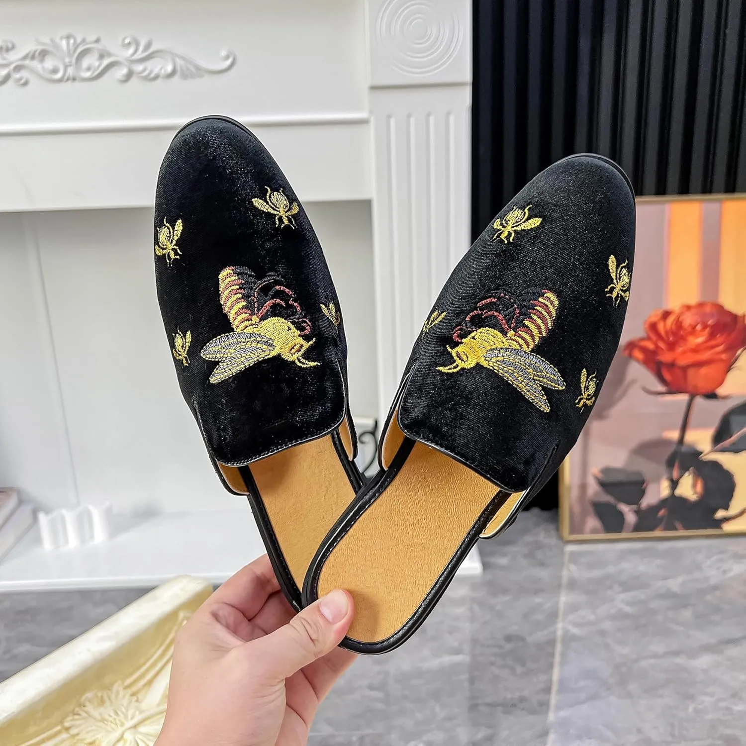 YYQL Mens Slippers with Arch Support Embroidered Leather Sandals for Men Slip On House Shoes with Indoor Outdoor Anti-Skid Rubber Sole Size 7-13