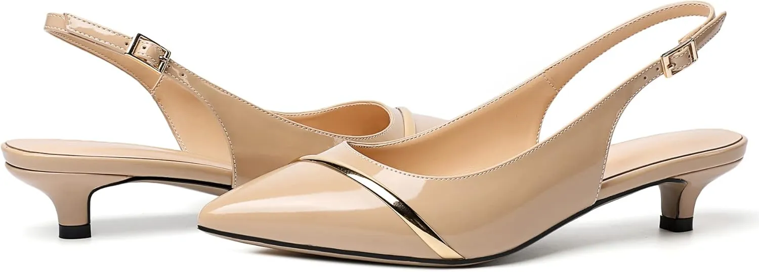 Zamikoo Women Slingback Pumps Kitten Heels Pointed Toe 1.5 Inches Retro Instep Gold Strap Patent Classic Dress Shoes US Size 5- Size 13