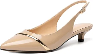 Zamikoo Women Slingback Pumps Kitten Heels Pointed Toe 1.5 Inches Retro Instep Gold Strap Patent Classic Dress Shoes US Size 5- Size 13
