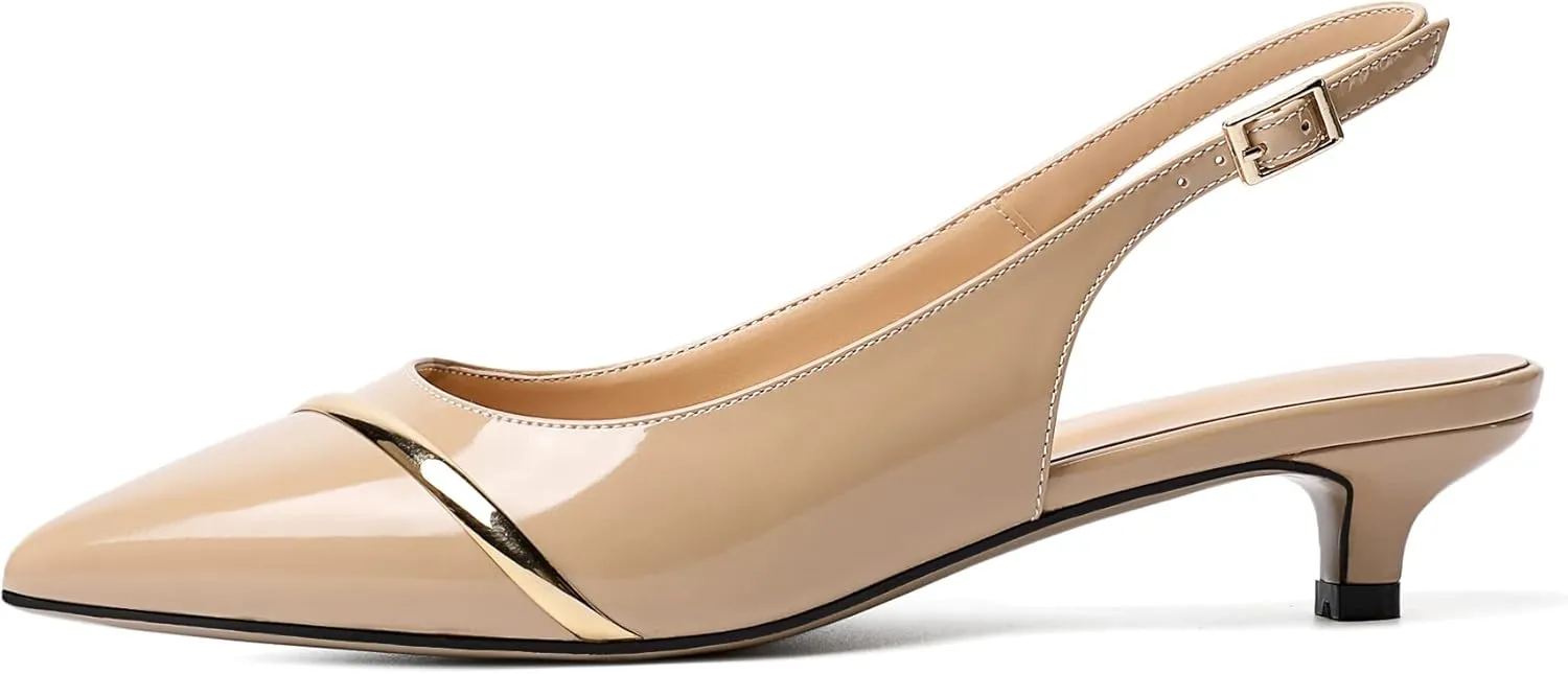 Zamikoo Women Slingback Pumps Kitten Heels Pointed Toe 1.5 Inches Retro Instep Gold Strap Patent Classic Dress Shoes US Size 5- Size 13