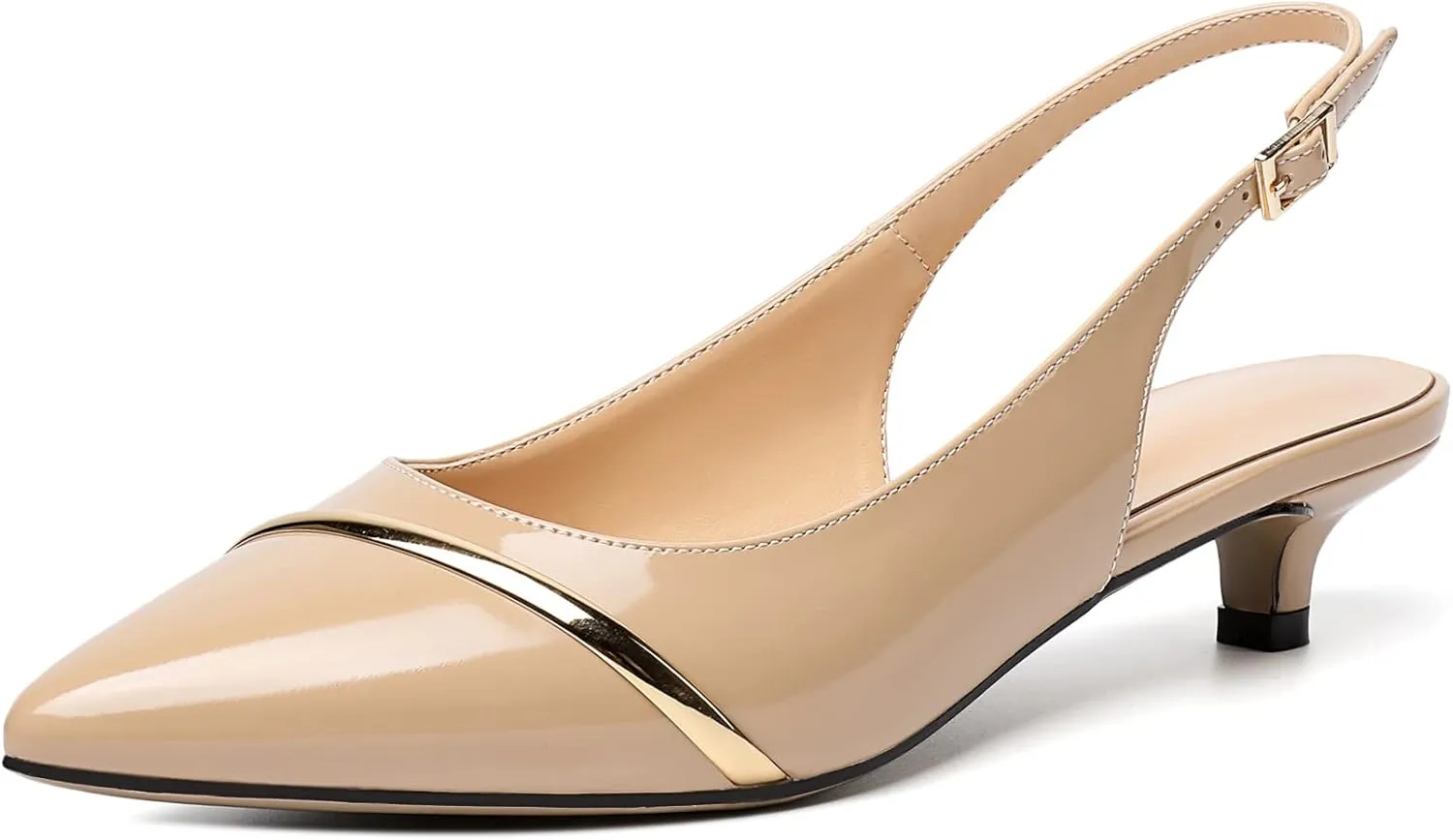 Zamikoo Women Slingback Pumps Kitten Heels Pointed Toe 1.5 Inches Retro Instep Gold Strap Patent Classic Dress Shoes US Size 5- Size 13