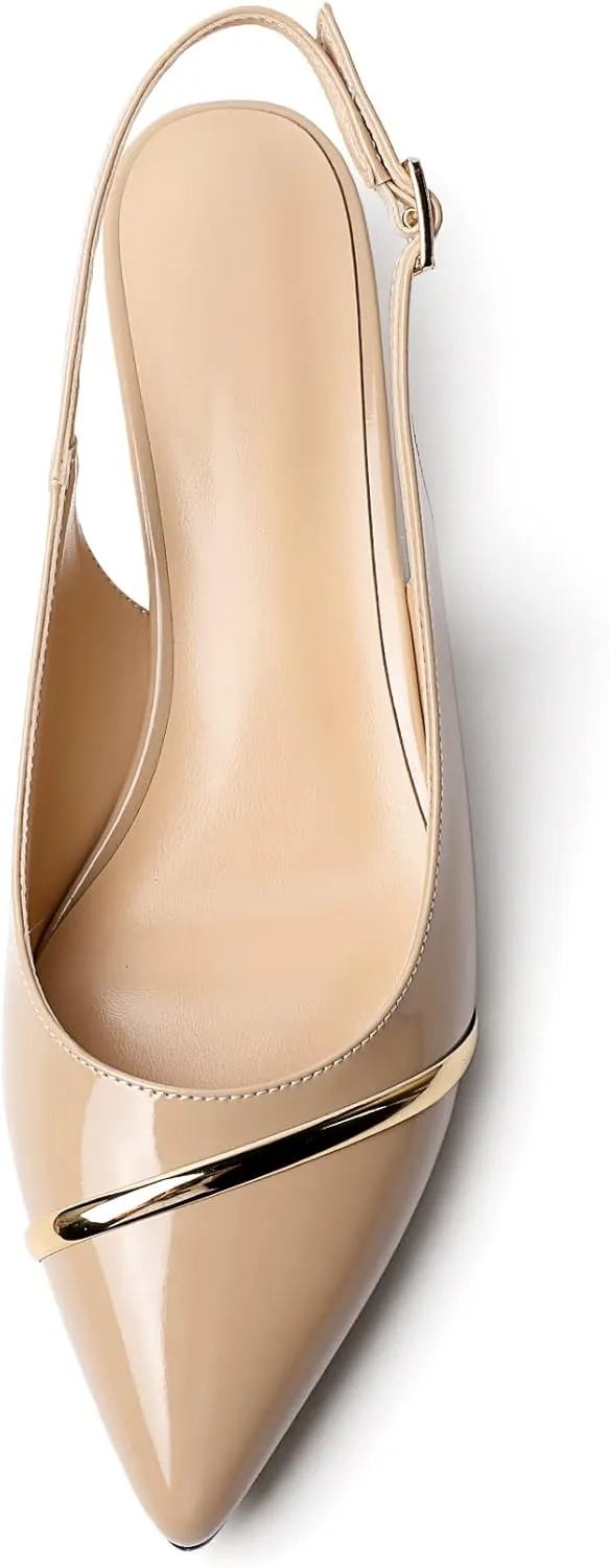 Zamikoo Women Slingback Pumps Kitten Heels Pointed Toe 1.5 Inches Retro Instep Gold Strap Patent Classic Dress Shoes US Size 5- Size 13