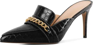 Zamikoo Women's Mule Heels Pointed Toe Slip On Stiletto High Heeled Mules with Gold Chain