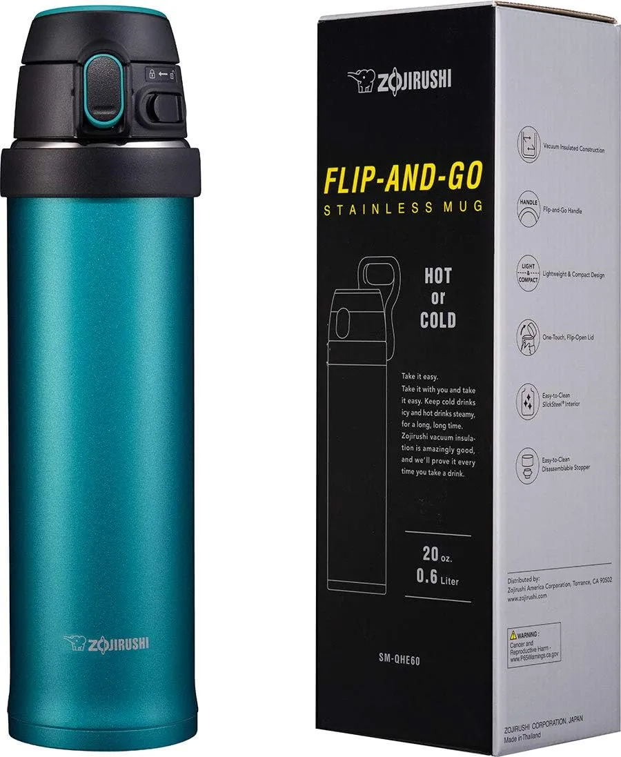 Zojirushi SM-QHE60GK, Flip-and-Go Stainless Mug, 20-Ounce, Teal