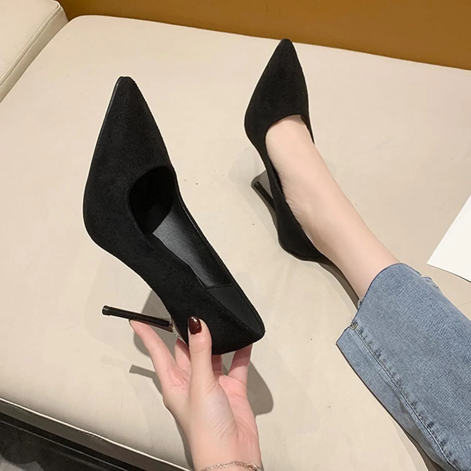 ZSpzx Women's Classic Black Heels Closed Pointed Toe Backless Slip On High Heel Sandal Ladies Comfortable Orthopedic Cushion Footbed Dressy Elegant Shoe for Evening Cocktail Wedding Bridal