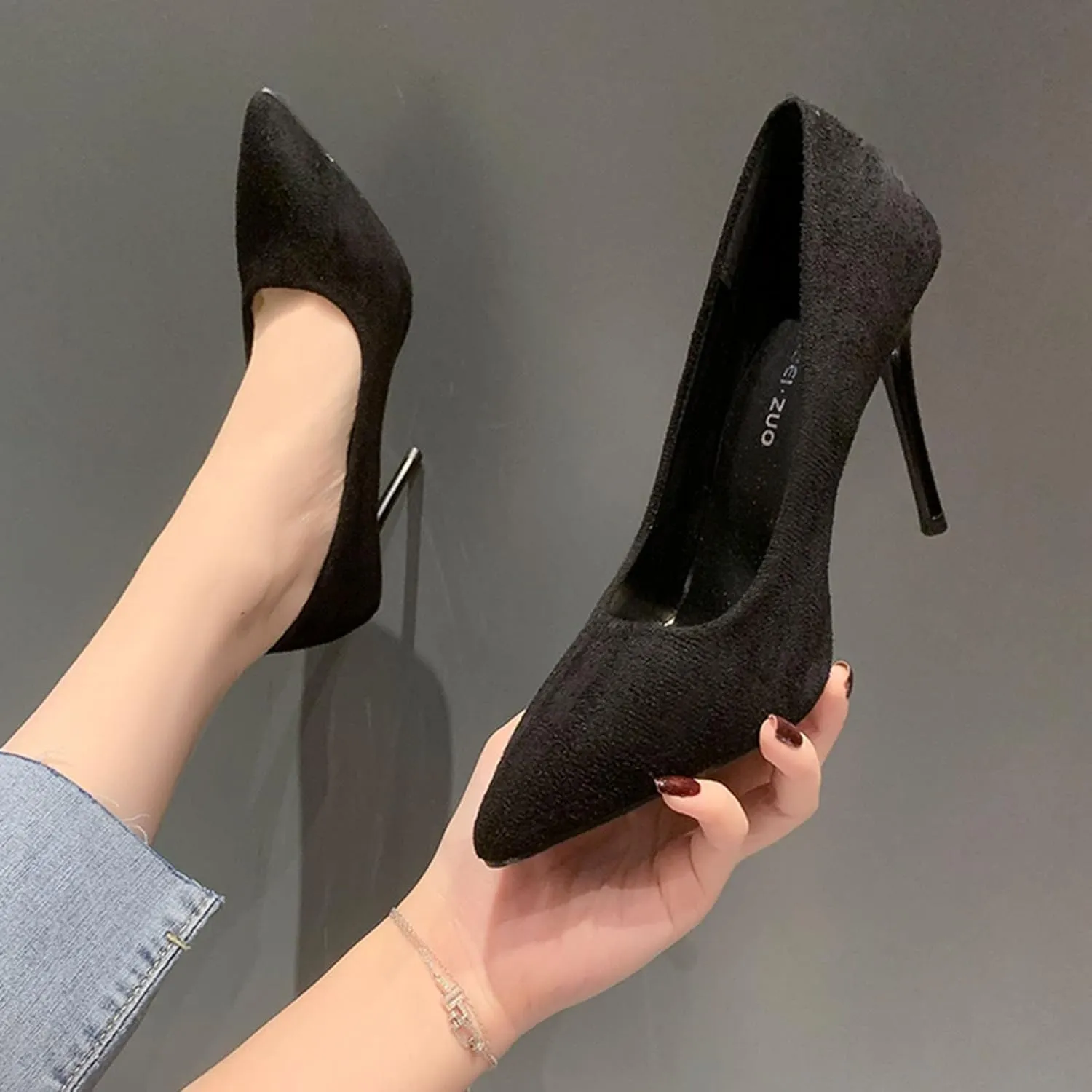 ZSpzx Women's Classic Black Heels Closed Pointed Toe Backless Slip On High Heel Sandal Ladies Comfortable Orthopedic Cushion Footbed Dressy Elegant Shoe for Evening Cocktail Wedding Bridal