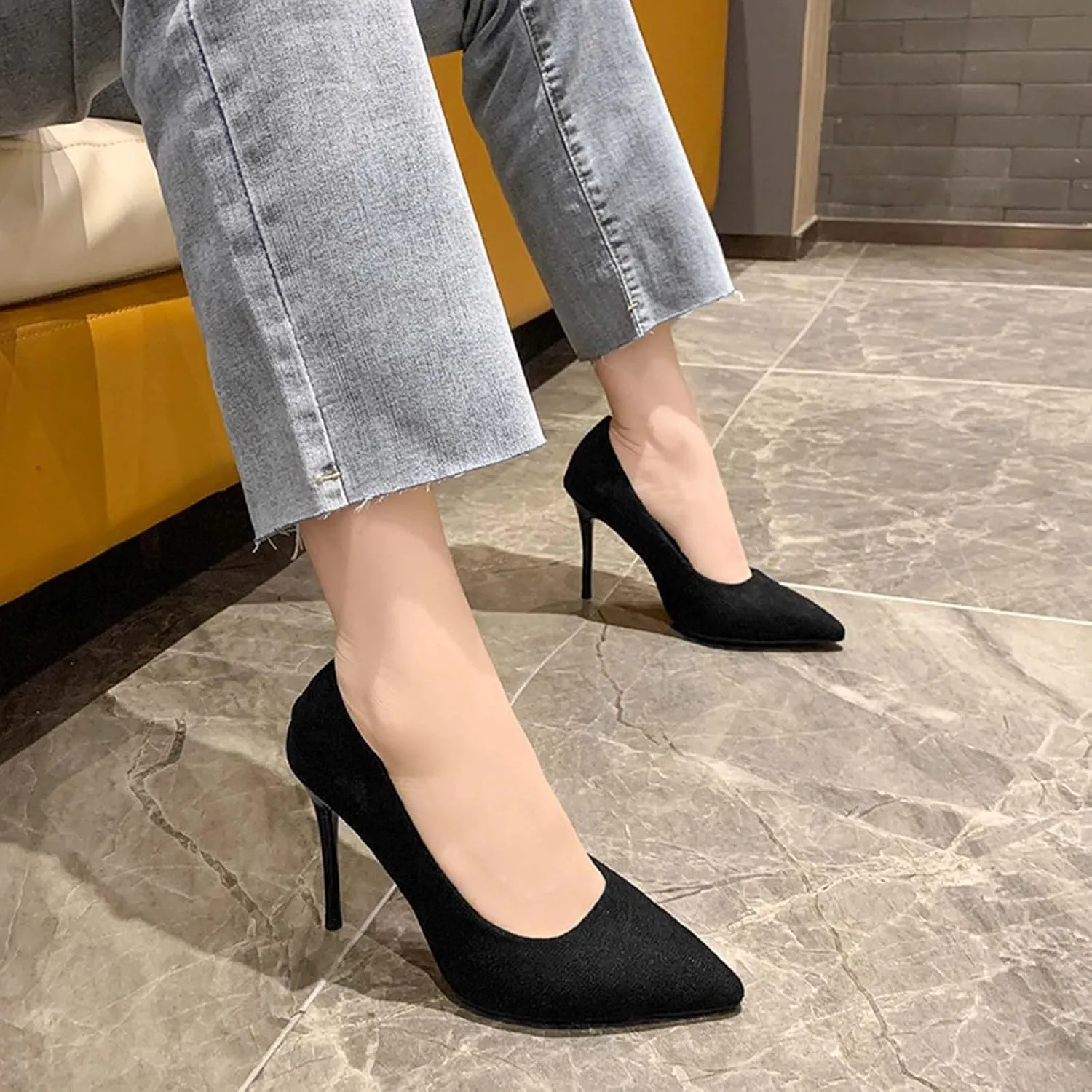 ZSpzx Women's Classic Black Heels Closed Pointed Toe Backless Slip On High Heel Sandal Ladies Comfortable Orthopedic Cushion Footbed Dressy Elegant Shoe for Evening Cocktail Wedding Bridal